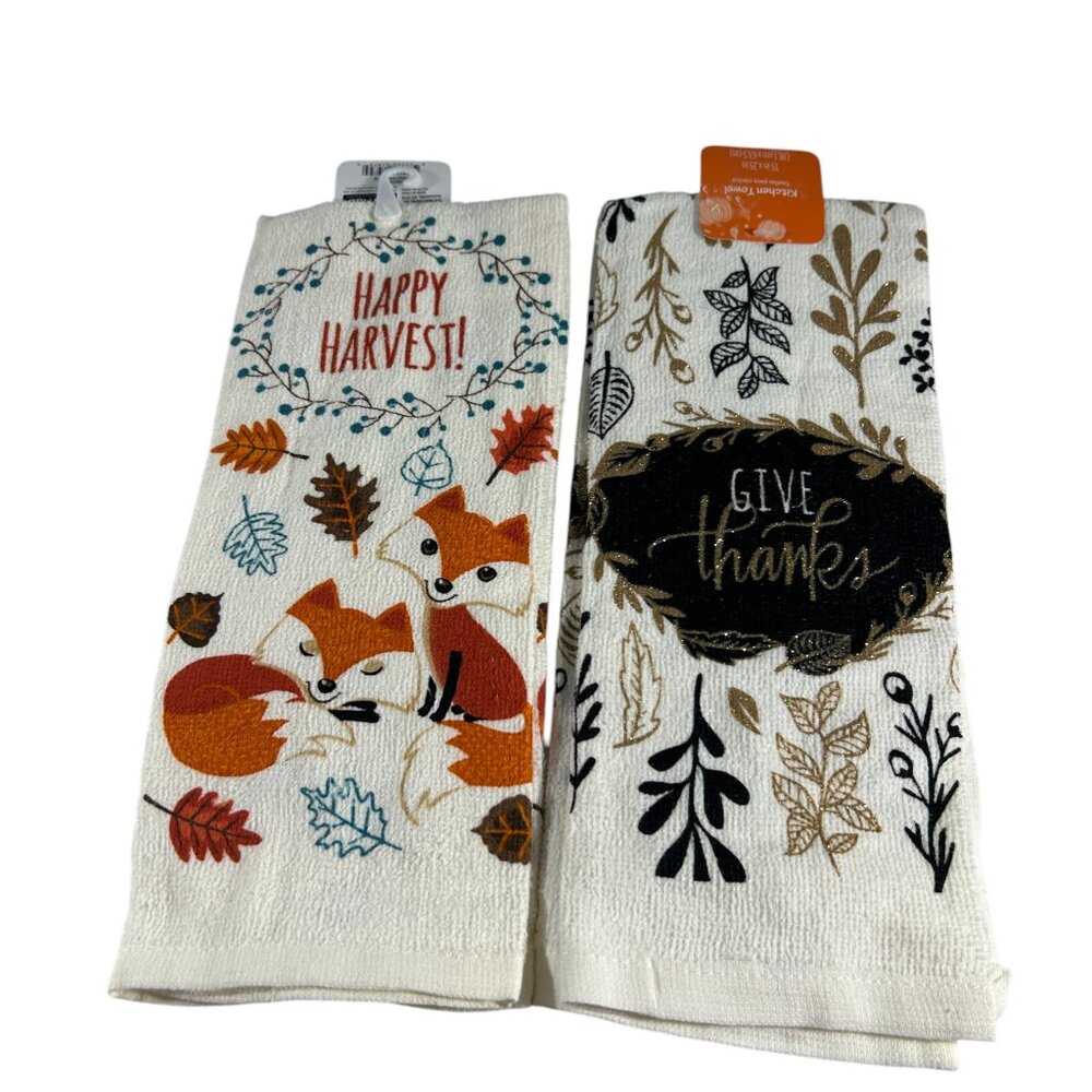Women Owned Set 2 Kitchen Dish Towels Fox Fall Harvest Thanksgiving Cotton - Picture 2 of 5